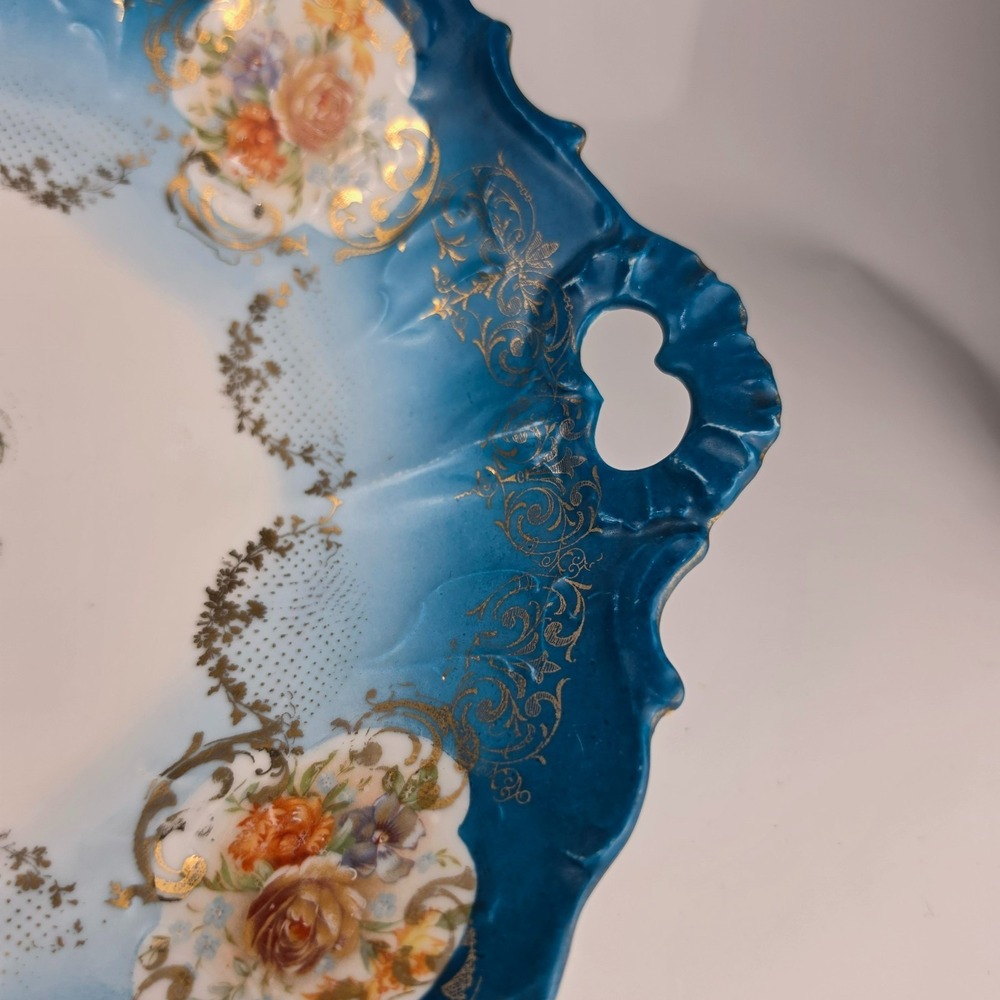 Antique German Porcelain Bowl Teal Blue Ombre Roses Gold Scrollwork Crown Mark - Picture 4 of 9